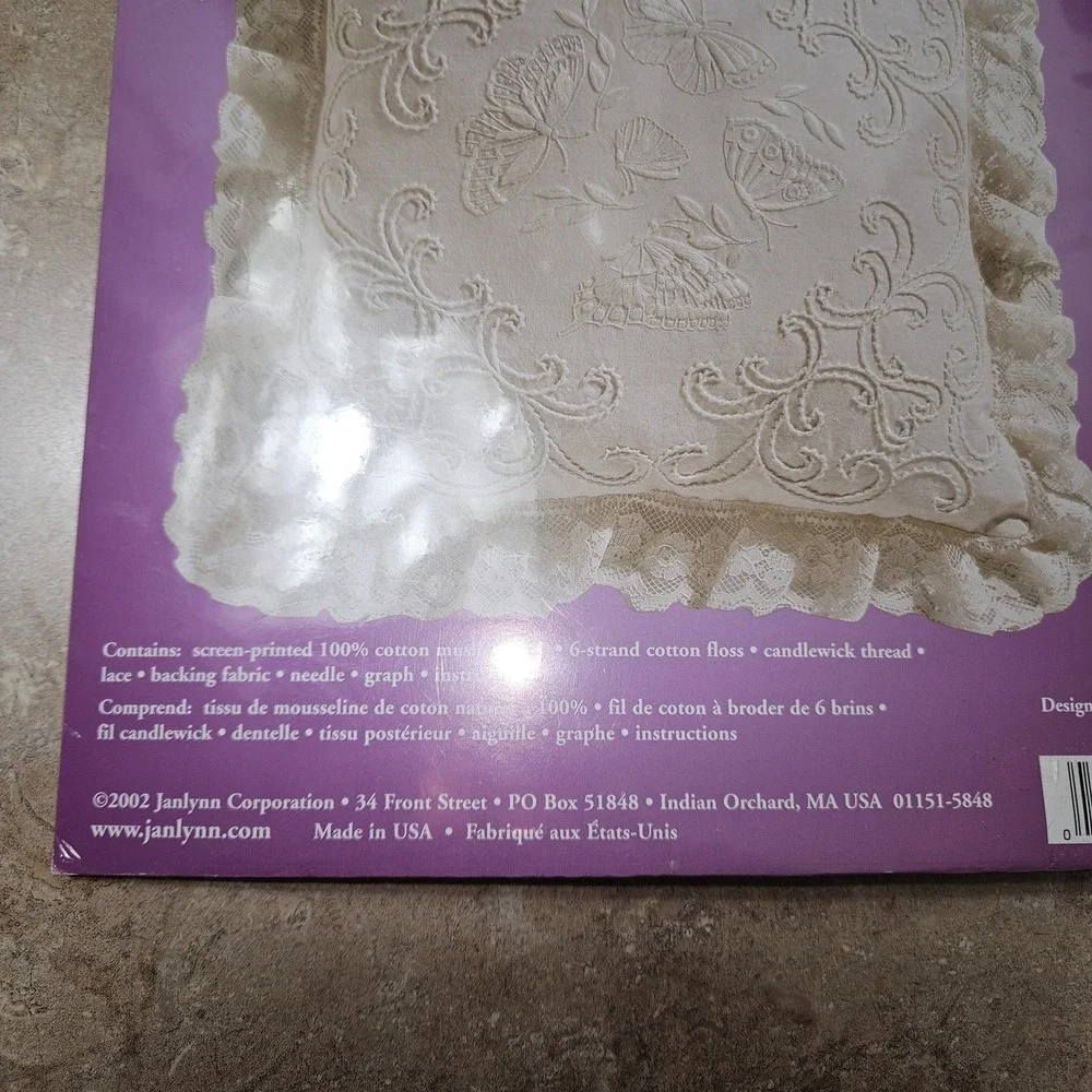 Janlynn Candlewicking Pillow Cover Kit White Lace‎ Butterflies 14x14 04-769 New